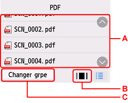 Écran avec une liste de noms de fichier